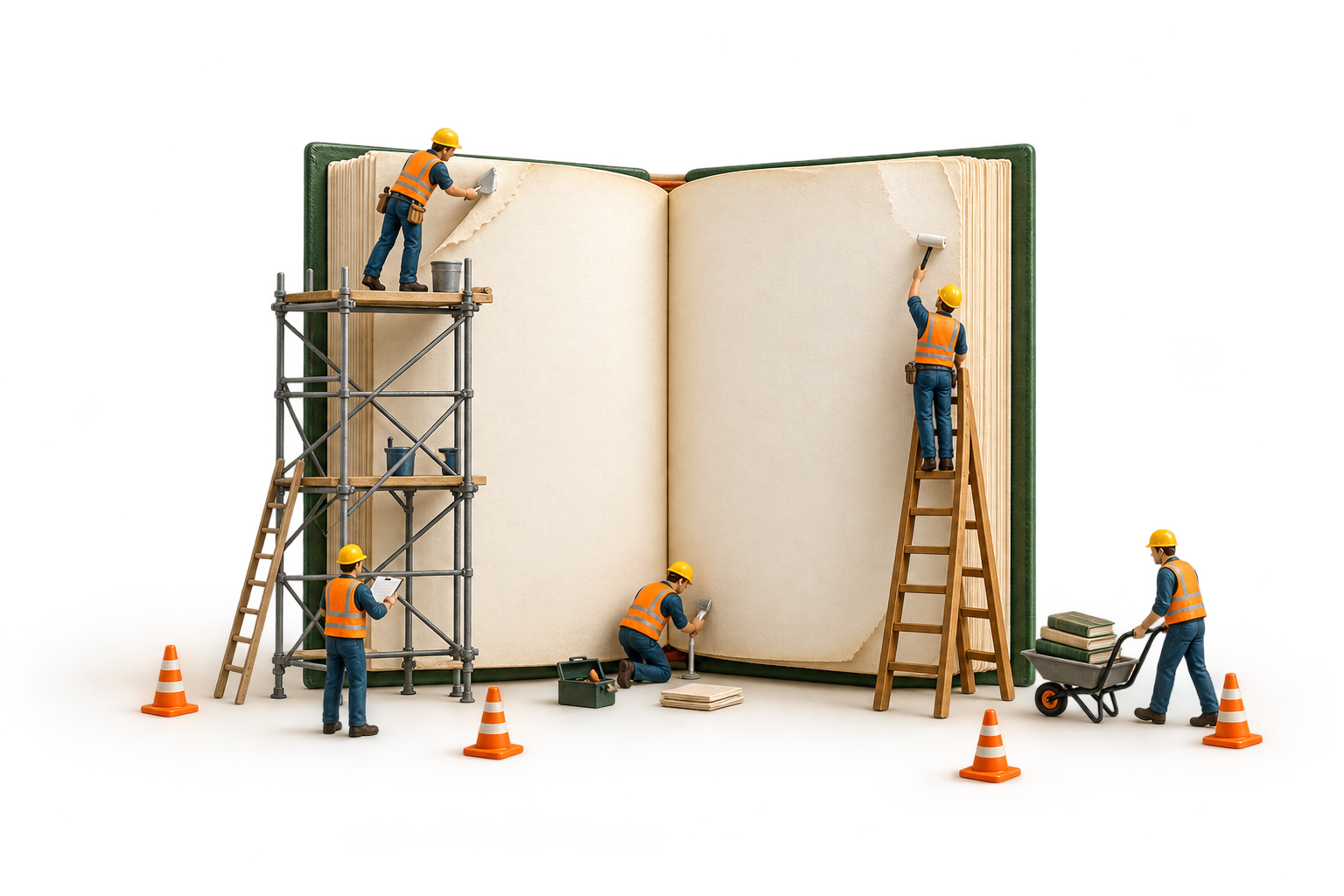 Miniature maintenance crew repairing a large open book